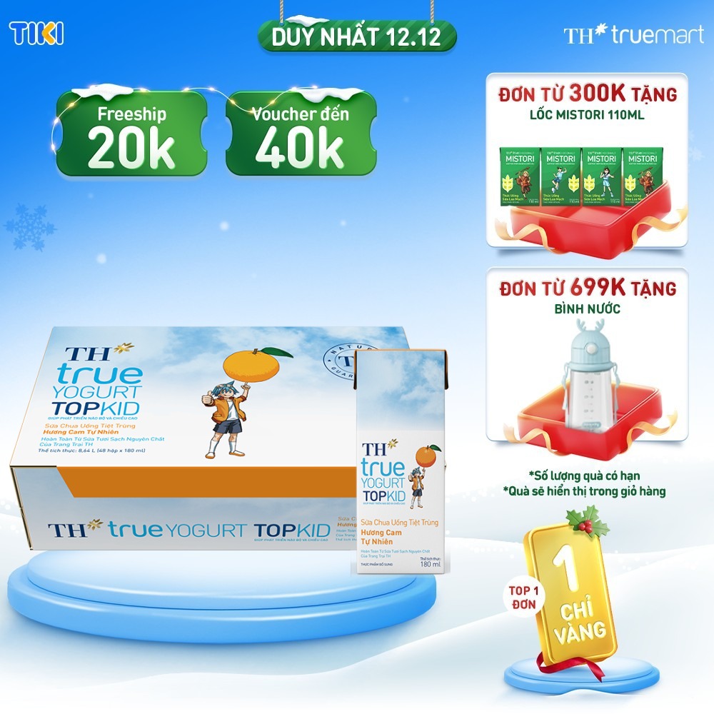 Thùng 48 hộp sữa chua uống tiệt trùng TH true YOGURT TOPKID hương cam tự nhiên 180ml (180ml x 48)