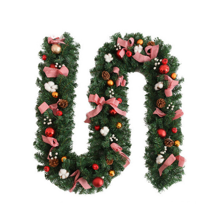 Dây Lá Thông KCS01 Nơ Vải Ca Rô Đỏ Trang Trí Noel Giáng Sinh