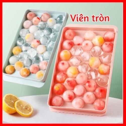 Khay làm đá viên tròn thông minh có nắp đậy bằng nhựa 33 viên khuôn rau câu để tủ lạnh màu xanh trắng hồng