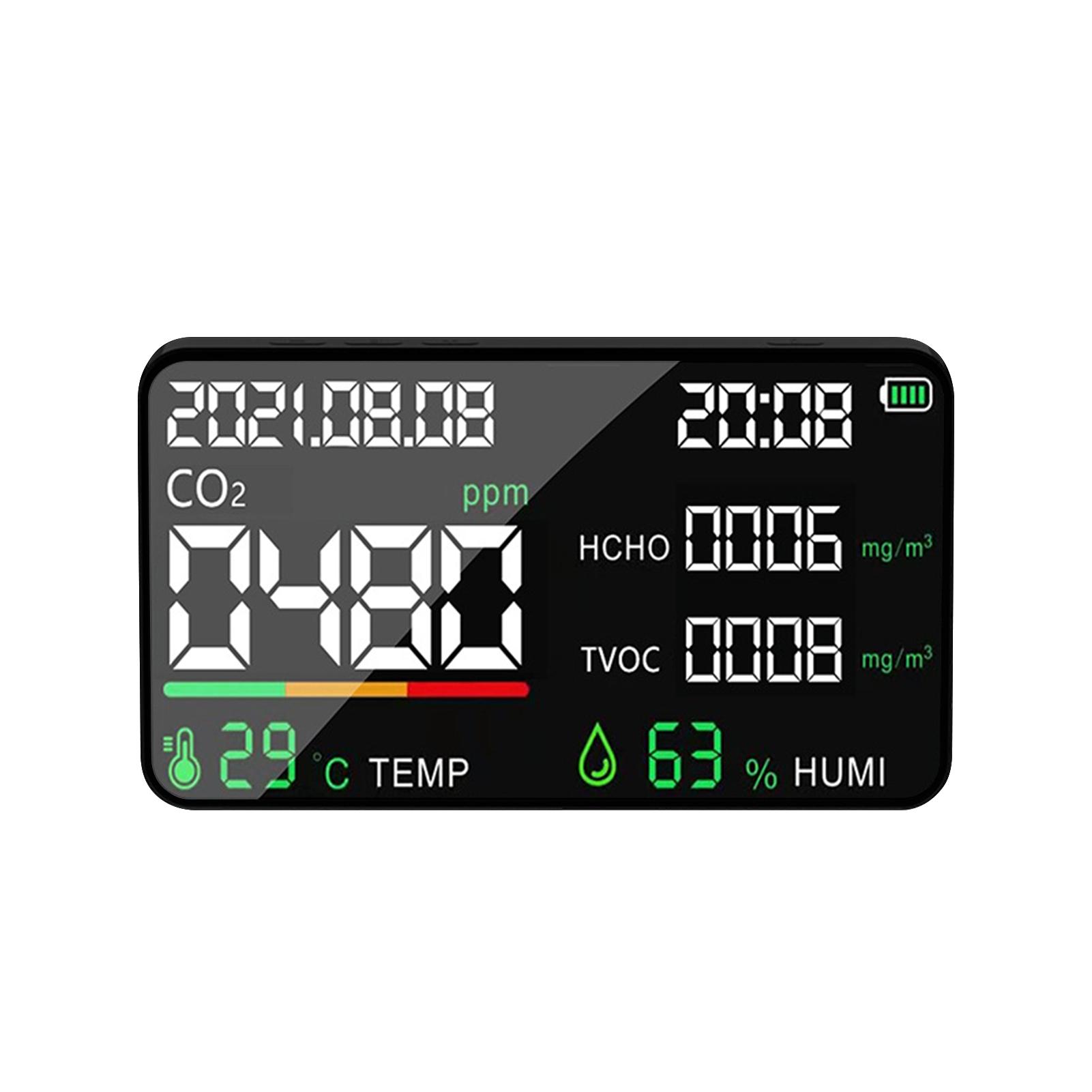 5 in 1 Air Quality Monitor LED Digital CO2 HCHO TVOC Temperature Humidity Tester USB Rechargeable Indoor Carbon Dioxide Meter for Room Office Greenhouse Warehouse