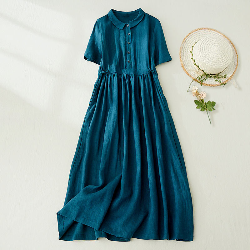 Đầm suông linen cổ sơ mi form rộng màu xanh cổ vịt trẻ trung nữ tính, thời trang phong cách Hàn- Đũi Việt