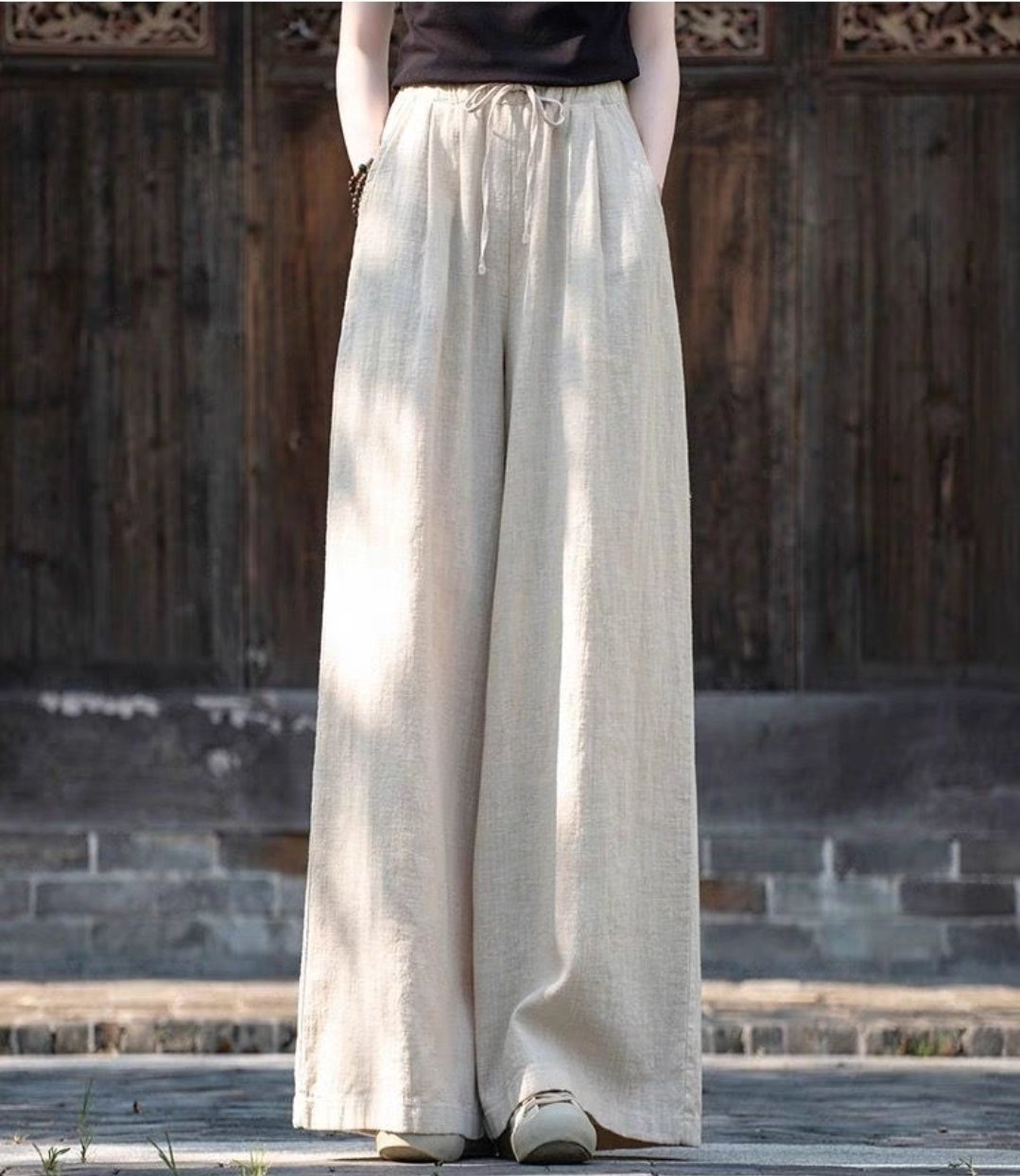 Quần dài linen ống rộng lưng cao YOLINEN cạp thun cột dây cao cấp nhiều màu QD08