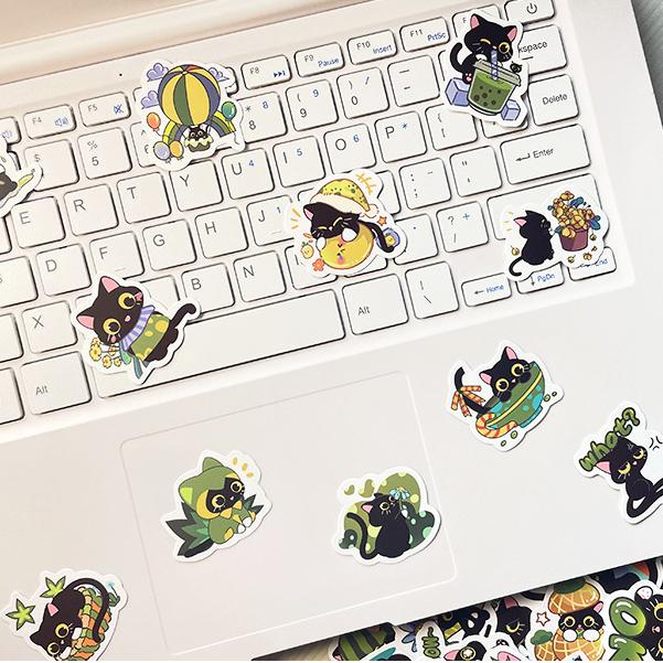 Sticker MÈO ĐEN CHIBI hoạt hình cute trang trí mũ bảo hiểm,guitar,ukulele,điện thoại,sổ tay,laptop-mẫu S93