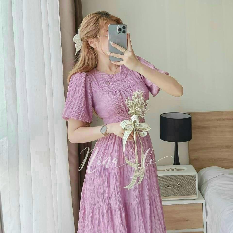 Đầm xoè tiểu thư cổ tròn nhún tầng siêu xinh