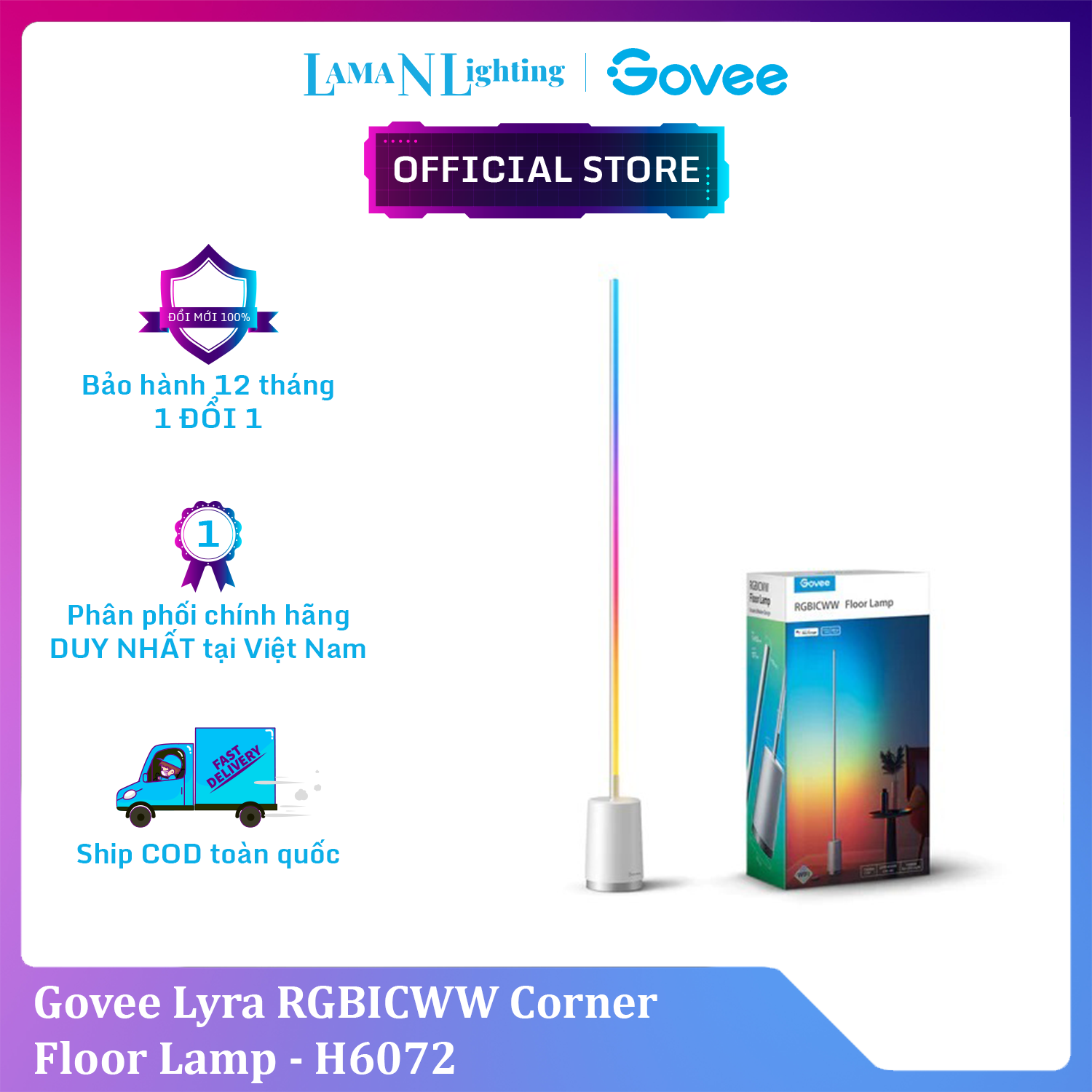 Đèn LED trang trí góc tường Govee Lyra RGBICWW Corner Floor Lamp H6072 | Thiết kế tối giản, tùy chỉnh thông minh