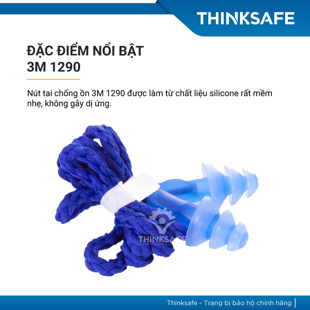 Nút tai chống ồn 3M 1290 có dây chất liệu Silicone, giảm ồn 25 dB - Thinksafe