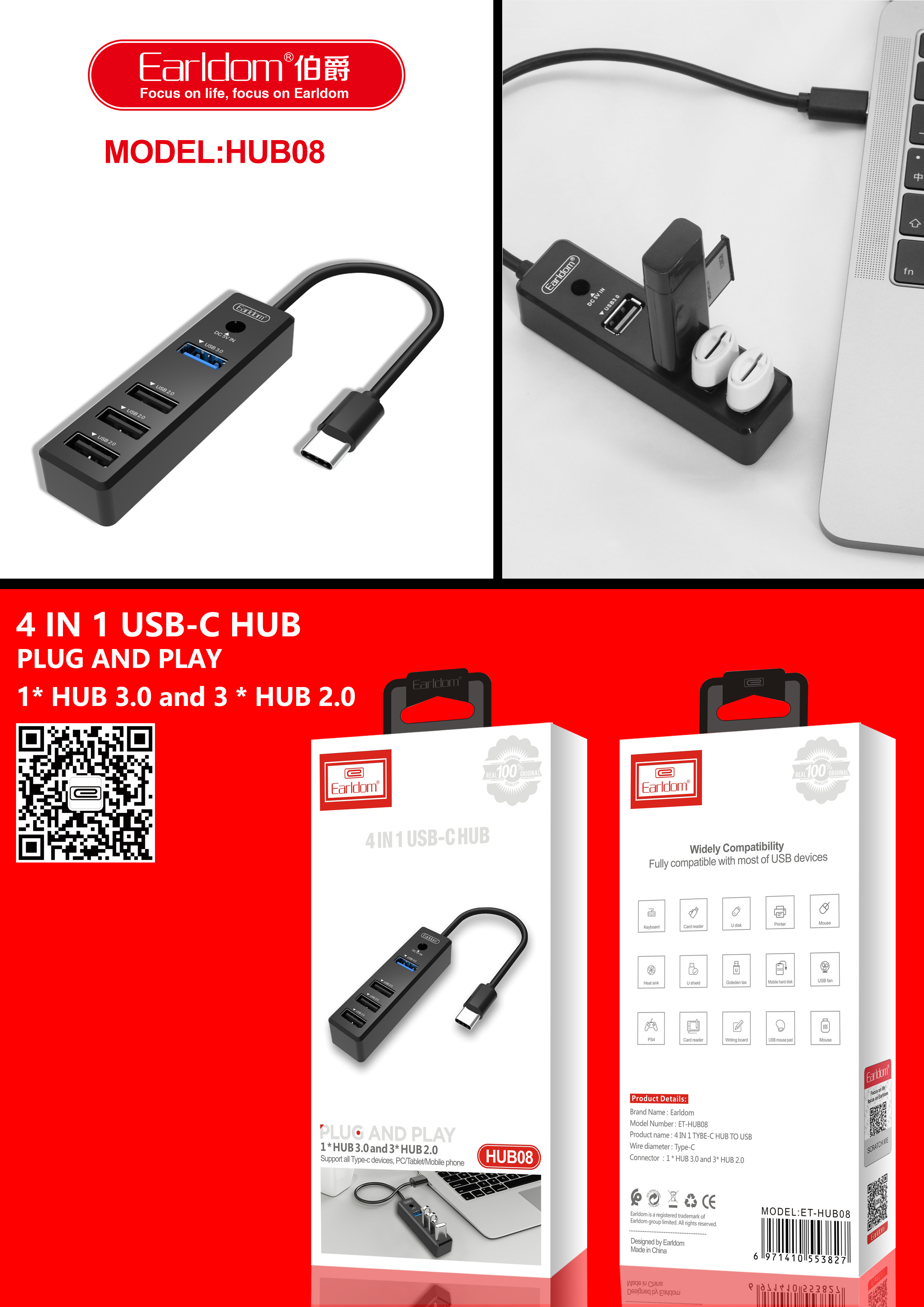 Hub Chuyển USB Type C ra 1 cổng USB 3.0 + 3 Cổng USB 2.0 + 5V DC Earldom HUB08 - Hàng Chính Hãng