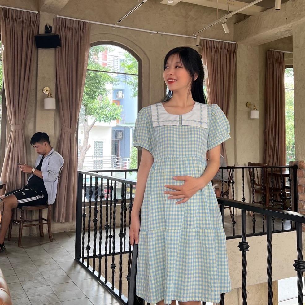 Đầm bầu karo cổ thuỷ thủ phom babydol trẻ trung, đáng yêu - Hồng