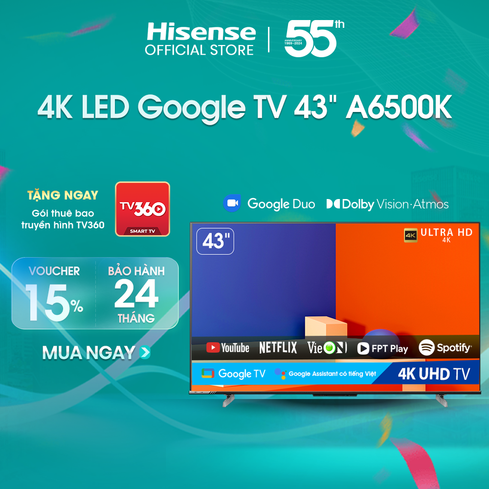 Google Tivi LED Hisense 4K 55 inch 55A6500K Google Assistant có tiếng việt, bảo hành 2 năm - HÀNG CHÍNH HÃNG