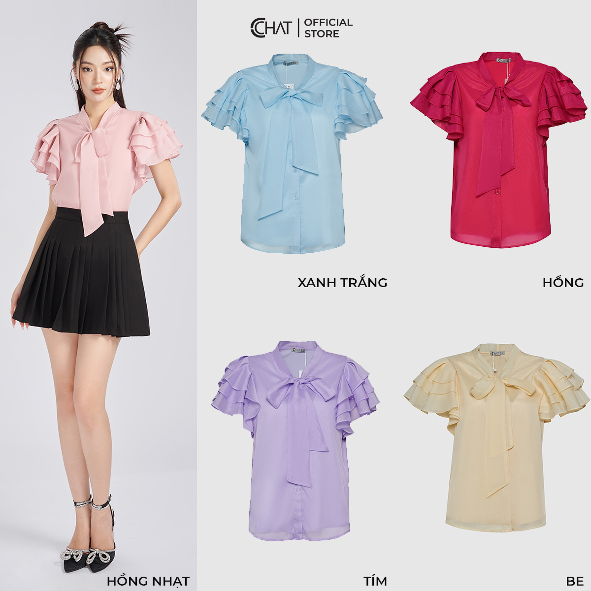 Áo Sơ Mi Nữ  Kiểu Tay Bèo Cổ Nơ Dáng Suông Chất Voan Cao Cấp 12FNV2003ST