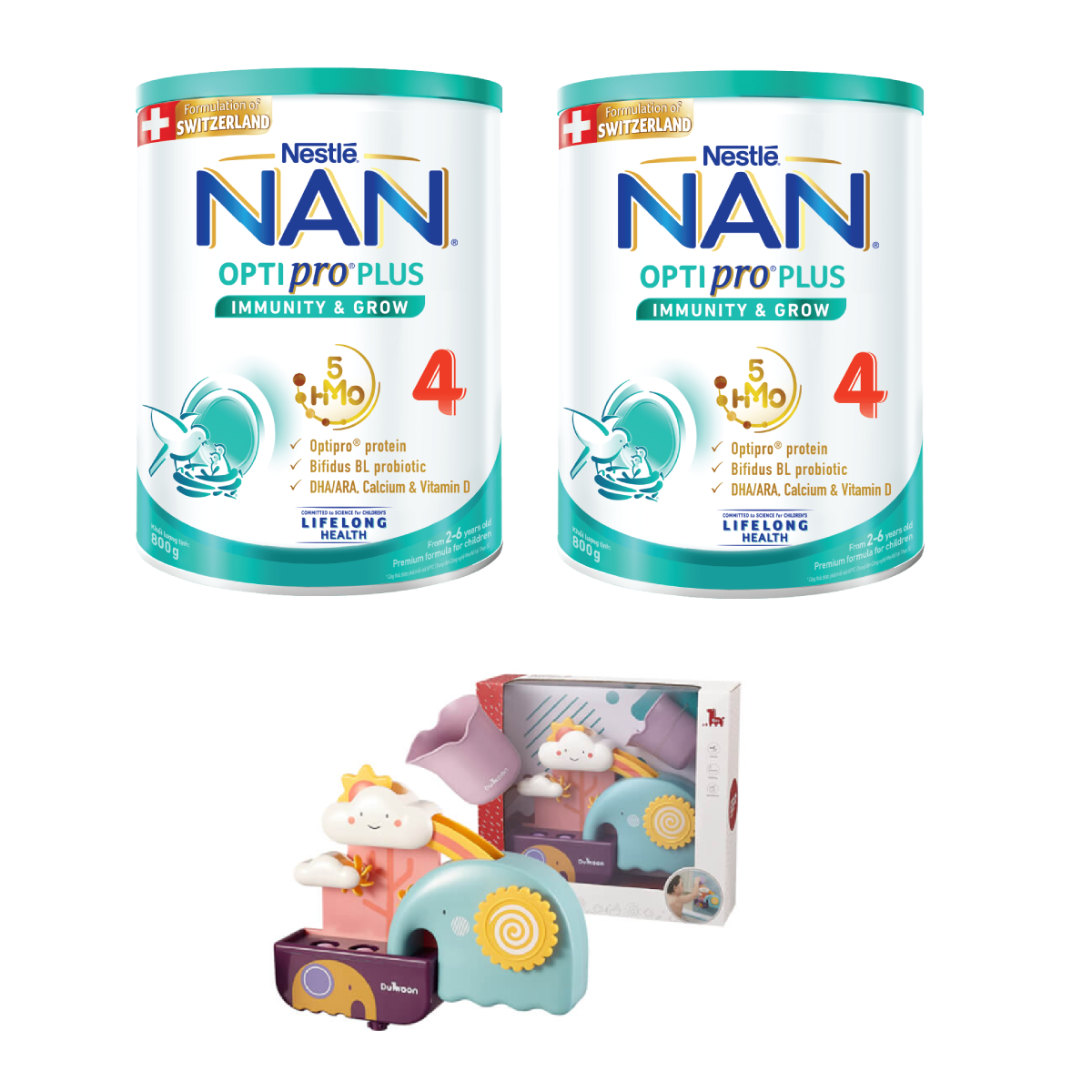 Bộ 2 lon Sữa bột Nestlé NAN OPTIPRO PLUS 4 800g/lon với 5HMO Giúp tiêu hóa tốt + Tăng cường đề kháng + Tặng Đồ Chơi Nhà Tắm - Bé 2-6 tuổi