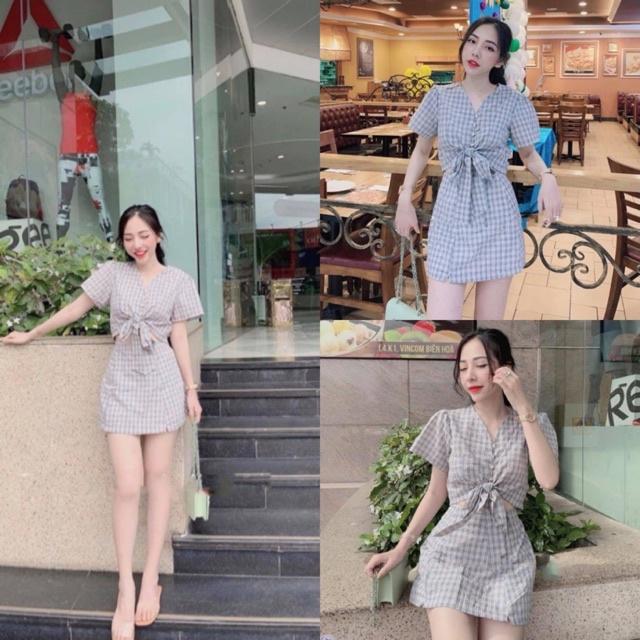 Set caro cột nơ cotton xốp lót lụa ôm body cổ V tay phồng đi biển dự tiệc dạo phố bigsize gợi cảm sexy