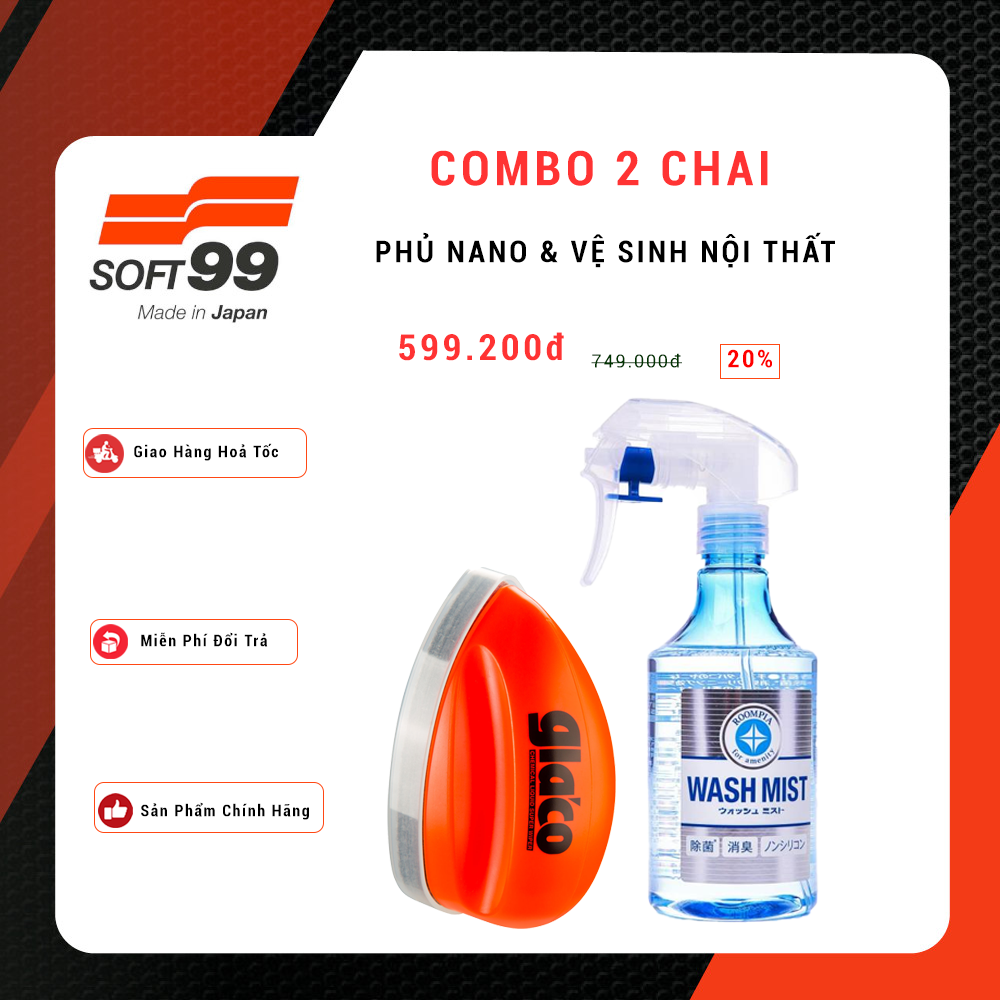 Combo Phủ Nano Kính Glaco Q G-61 &amp; Vệ Sinh Nội Thất Wash Mist L-82 SOFT99