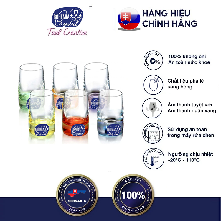 Bộ 6 ly rượu mạnh 6 màu tiệp khắc 030 ml