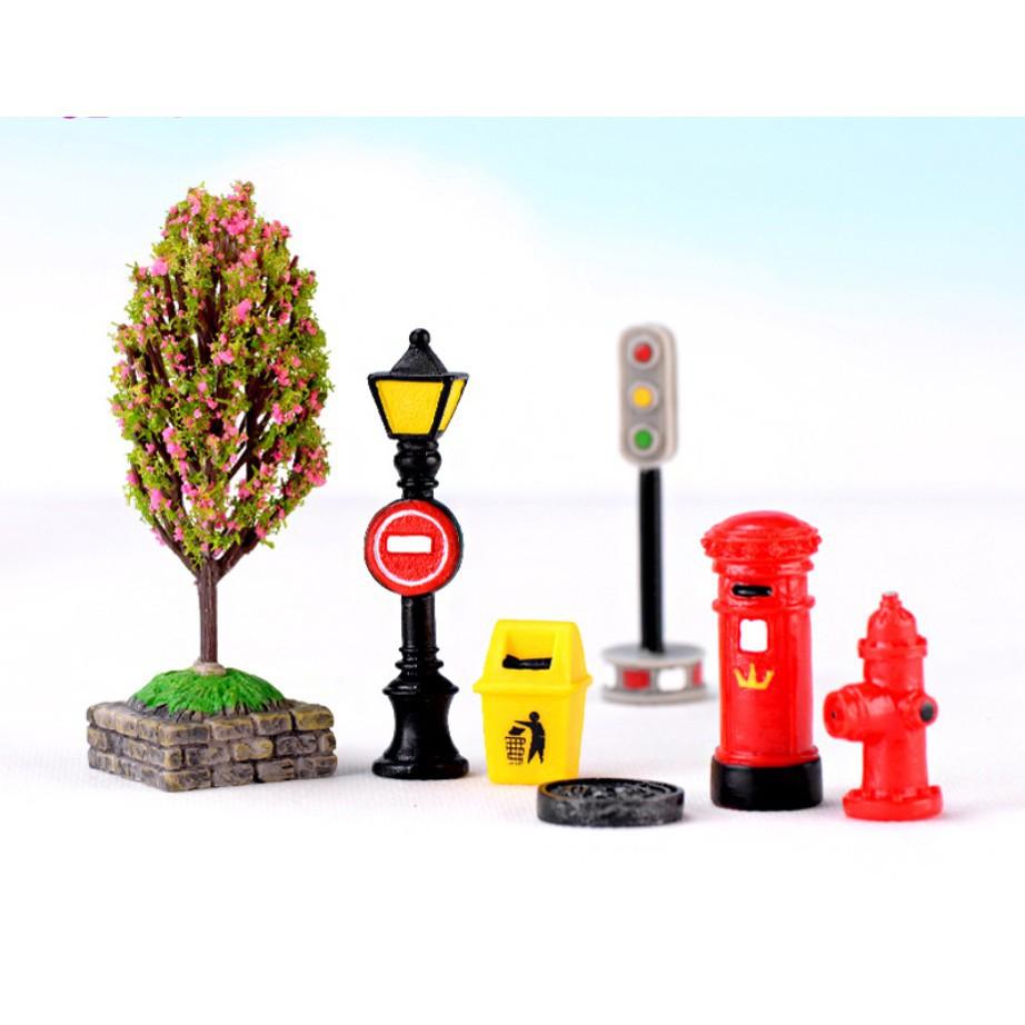 Mô hình thùng rác công cộng, cột nước cứu hỏa, cột đèn giao thông trang trí tiểu cảnh, nhà búp bê, bonsai