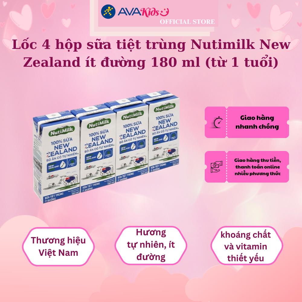 Lốc 4 hộp sữa tiệt trùng Nutimilk New Zealand ít đường 180 ml (từ 1 tuổi)