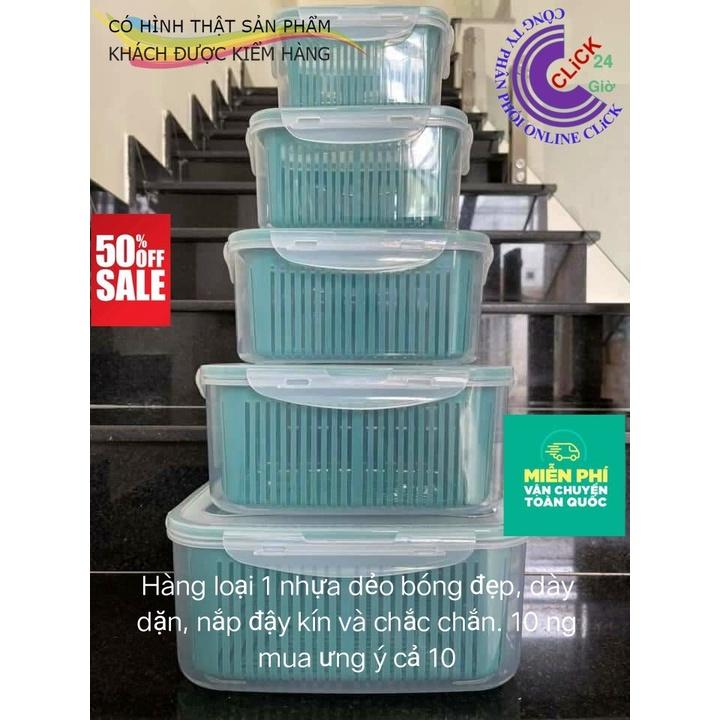 Set 5 Hộp Kèm Rổ Đựng Thực Phẩm, Bảo Quản Rau Củ Quả Tủ Lạnh, 2 Lớp Chống Úng - Hàng Cao Cấp