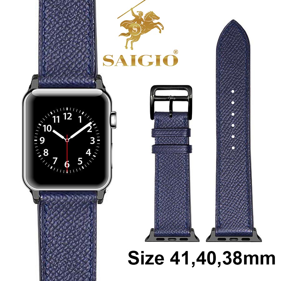 Dây Đồng Hồ Apple Watch 41mm 40mm 38mm, Chất Liệu Da Bê EPSOM Thảo Mộc Cao Cấp, Nhập Khẩu Từ Châu Âu, Dây Đeo Phong Cách Hiện Đại và Sang Trọng, Tương Thích Các Phiên Bản Series 8/7/6/5/4/3/2/1/SE/SE2 - Xanh Navy - ADAPTER ĐEN