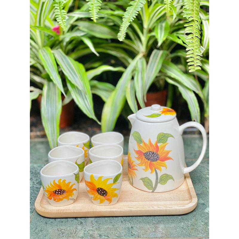 Bộ bình nước bình trà gốm Bát tràng hoạ tiết dễ thương hình hoa, dưa hấu - Bình 1 lít + cốc 180ml - Gốm sứ Bát tràng