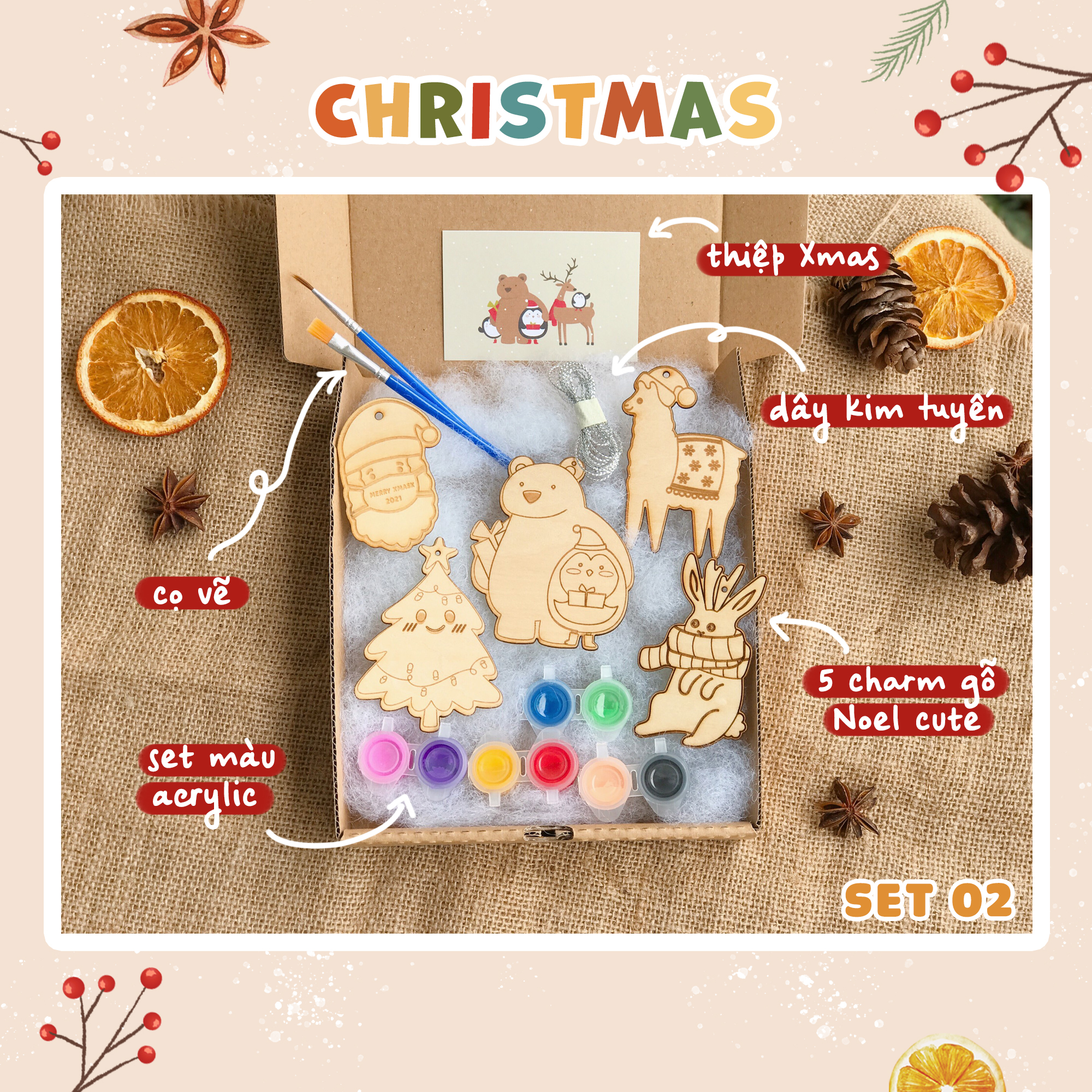 BỘ KIT CHARM GỖ TÔ MÀU TRANG TRÍ NOEL CHO BÉ