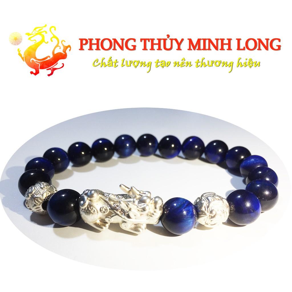Vòng tay đá Mắt Hổ Xanh Dương 5A mix tỳ hưu và 2 hạt Bạc hợp mệnh Thủy và Mộc
