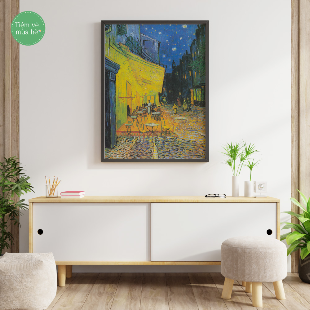 Tranh số hóa  - Cà phê vỉa hè trong đêm Van Gogh đã căng khung 40x50cm 21 màu