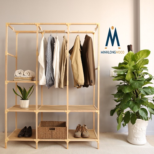 Tủ Treo Quần Áo - Giá Treo Quần Áo - Minhlongwood 3 Buồng 7 Ngăn - M38 Trang Trí Nội Thất-Màu Gỗ Tự Nhiên