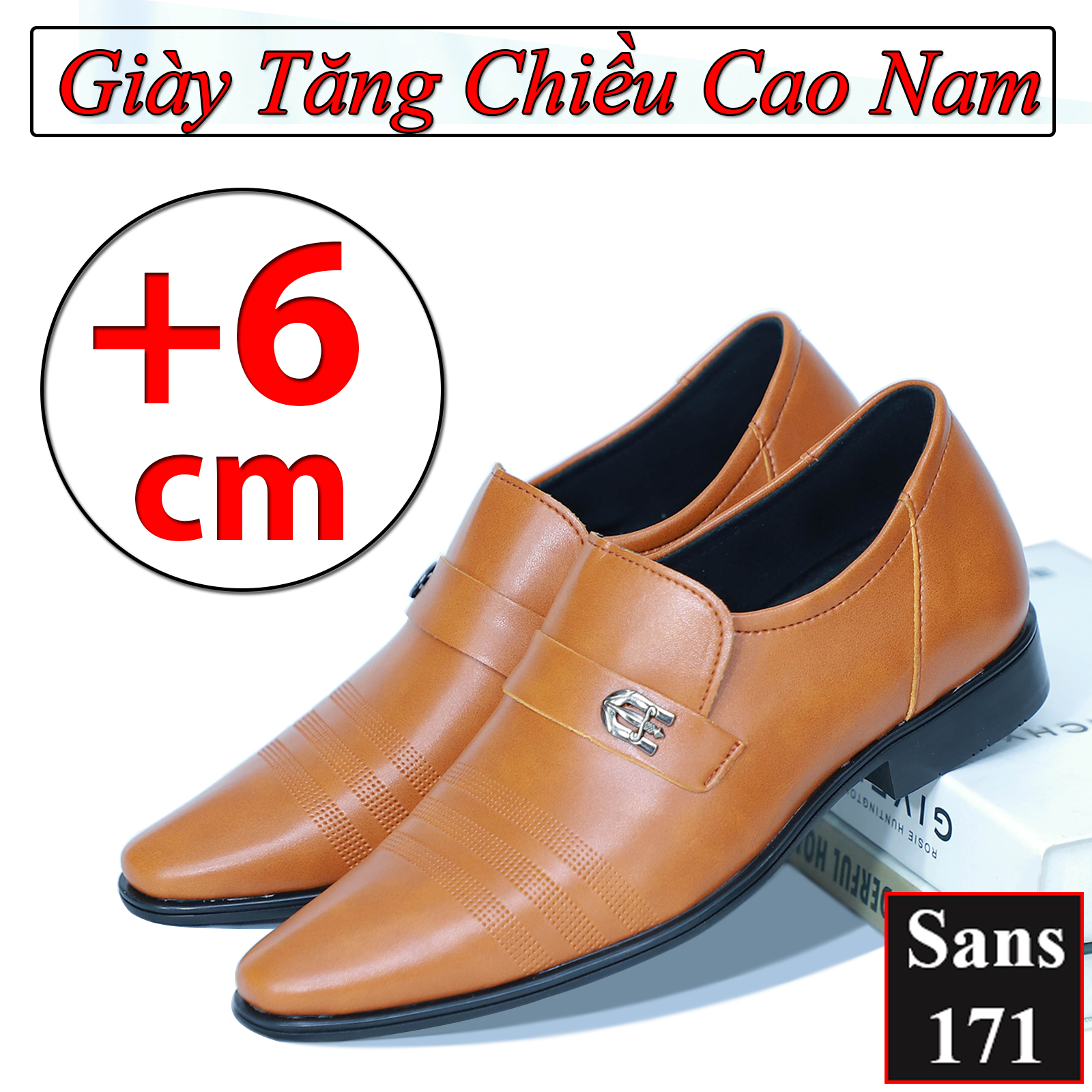 Giày tây nam tăng chiều cao 6cm Sans171 giầy da lười công sở độn đế phong cách lịch sự hàn quốc nâng gót màu đen nâu