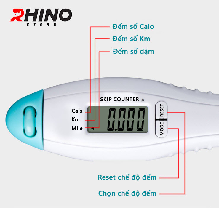 Dây nhảy thể thao lõi thép cao cấp Rhino J601 tự động đếm số, đếm giờ, tích hợp đo calo, quãng đường, độ dài dây tùy chỉnh - Dùng cho Muay | Boxing | Kickboxing - Hàng chính hãng