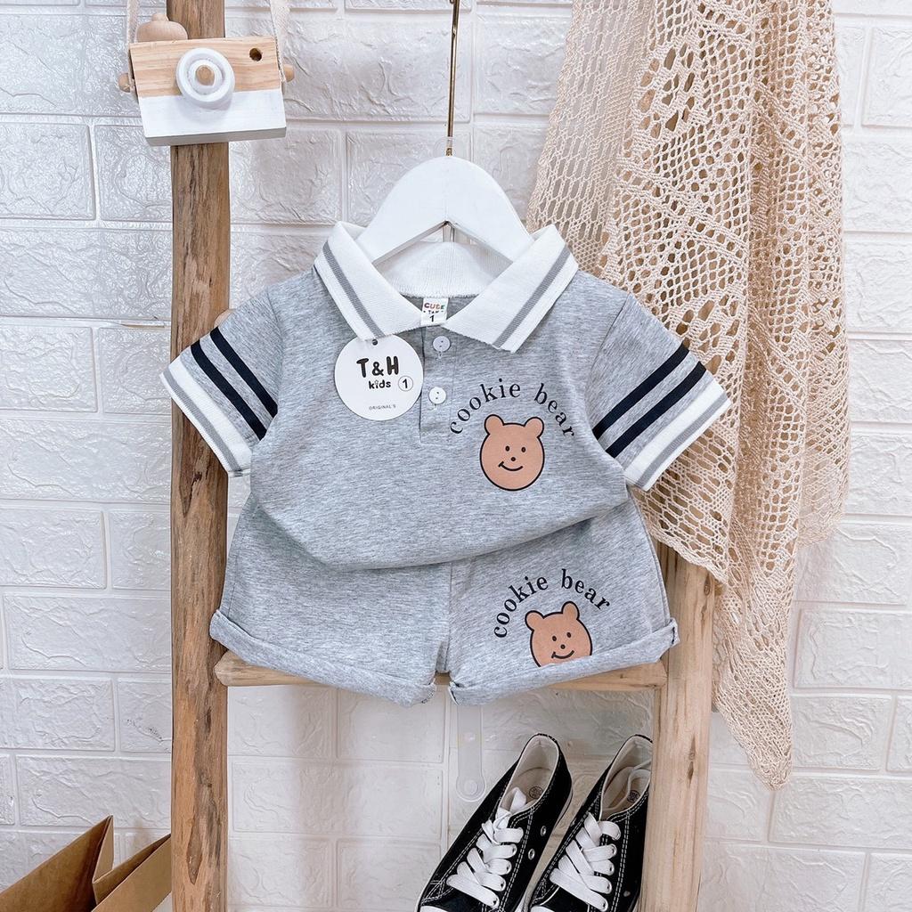 Bộ quần áo bé trai, Set Áo Thun Polo classic ngắn tay và Quần đùi logo gấu, bộ cotton mùa hè cho bé từ 7 đến 20 kg