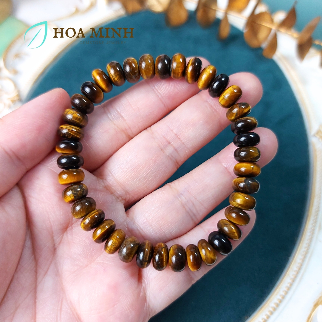 Vòng tay đá Mắt Hổ vàng nâu kiểu bánh xe size 8 li phong thủy tài lộc may mắn