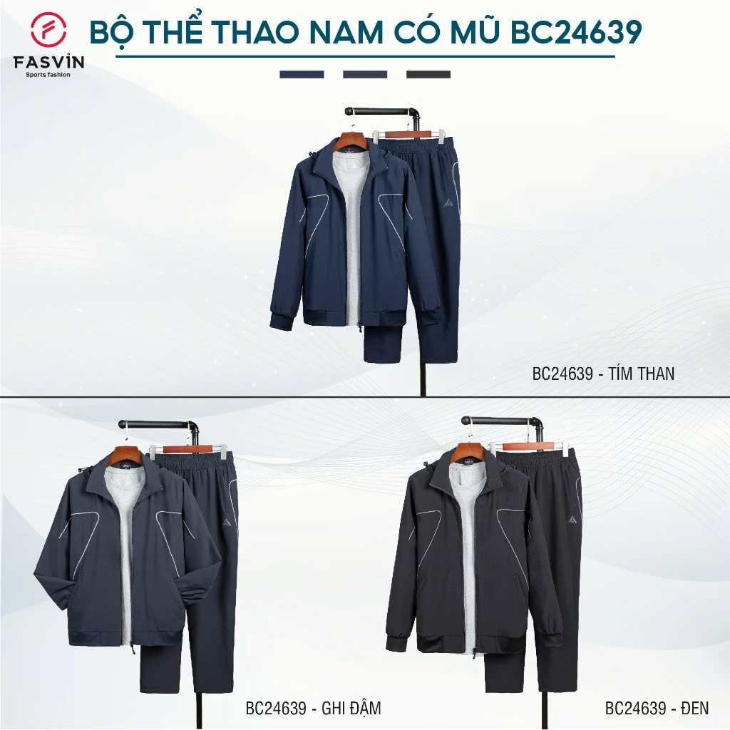 Bộ quần áo gió nam 2 lớp có mũ FASVIN BC24639.HN vải thể thao cao cấp lót vải thun hàng chính hãng