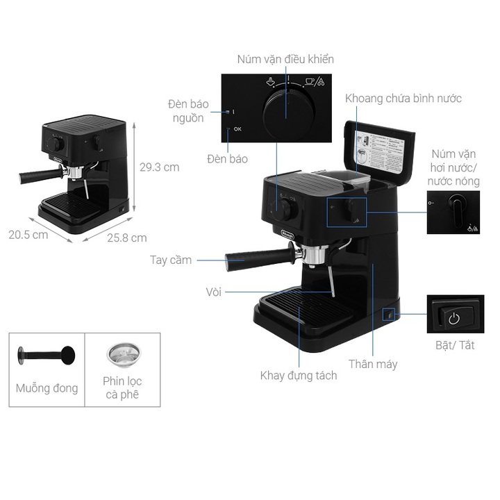 Máy pha cà phê Espresso nhãn hiệu Delonghi EC235.BK công suất 1100 (W) với dung tích 1 lít  Áp suất 15 bar - HÀNG NHẬP KHẨU