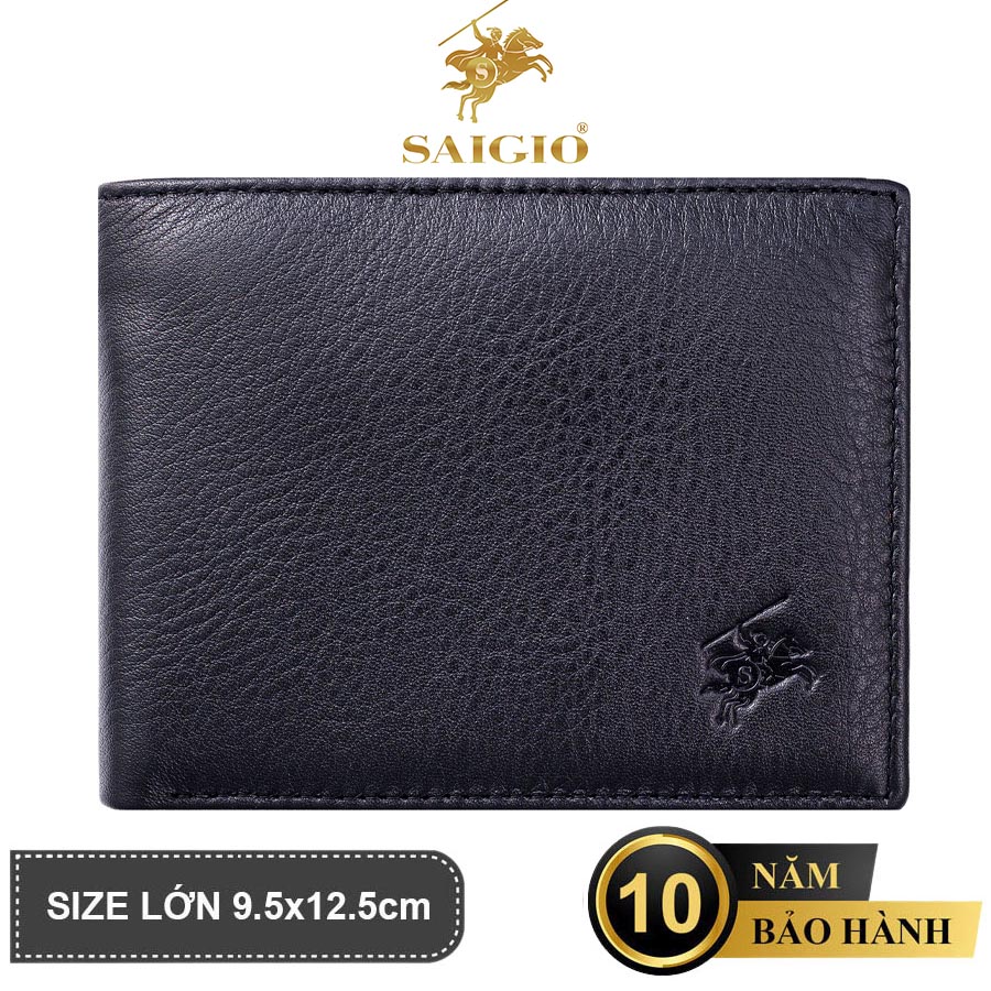 Ví Nam Da Bò Napa Mềm Mại - Vân Tự Nhiên, Size Lớn, Thiết Kế Cổ Điển, Đơn Giản - Mỏng Nhẹ, Dáng Ngang - Gập 2, Ngăn Đựng Tiền Có Khóa Kéo, Nhiều Ngăn Để Giấy Tờ Tiện Dụng - Hàng Chính Hãng Saigio - Đen