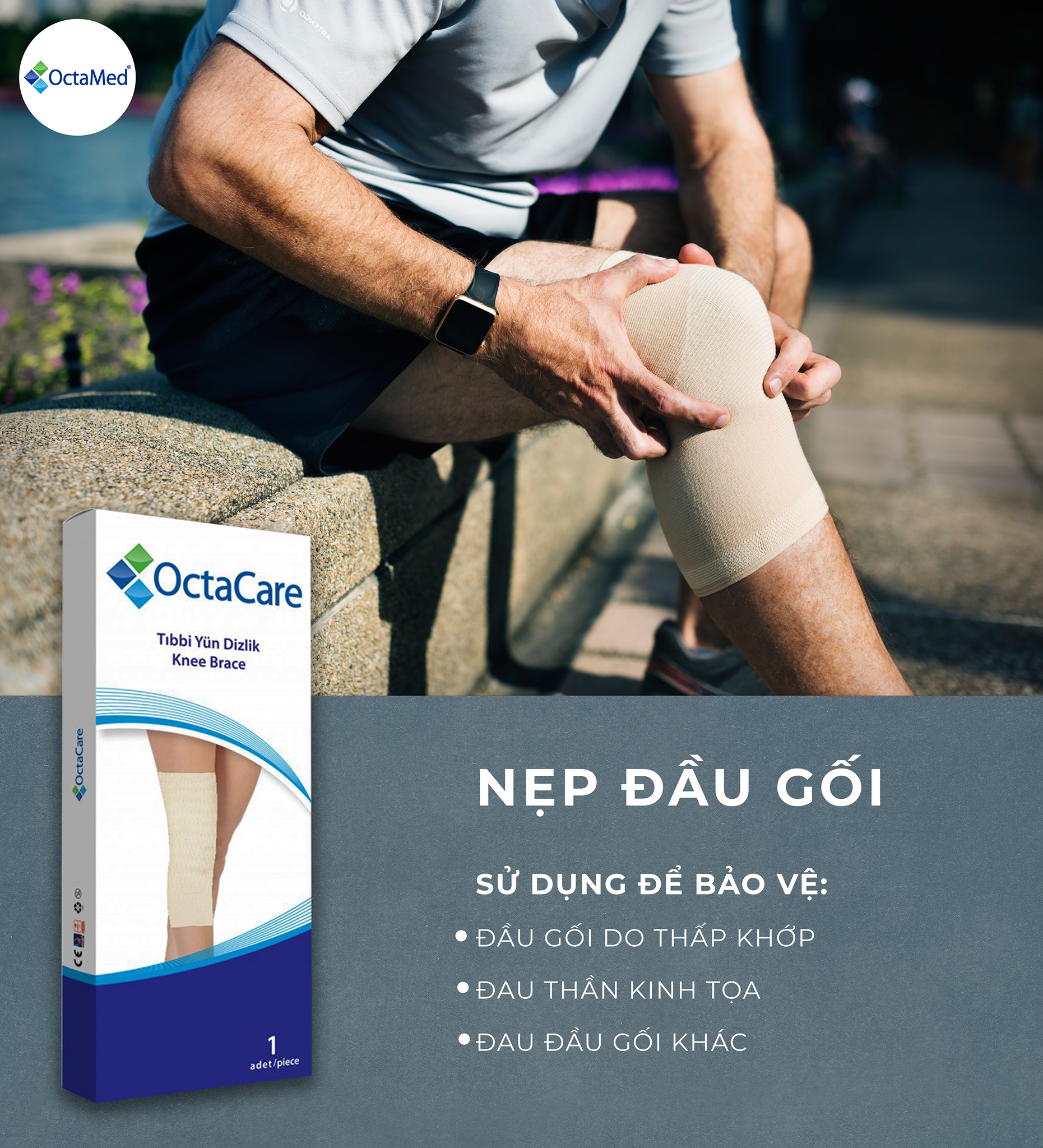 Nẹp đầu gối co dãn, siêu thoải mái, sợi thun dệt tái sử dụng nhiều lần Octacare