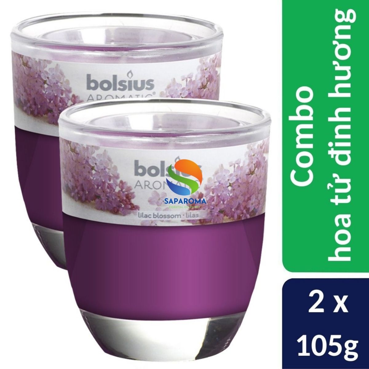 Combo 2 ly nến thơm tinh dầu Bolsius Lilac Blossom 105g - hoa tử đinh hương, nến trang trí, thơm phòng, thư giãn, hỗ trợ khử mùi