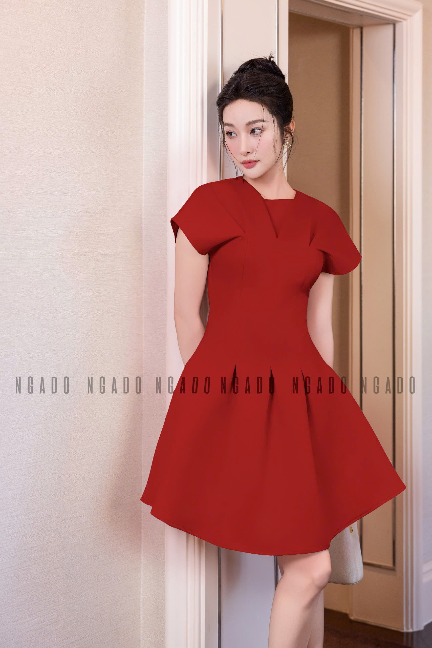 Đầm đỏ tay dơi xếp ly NGADO , đầm peplum , đầm kiểu Nữ , đầm dự tiệc