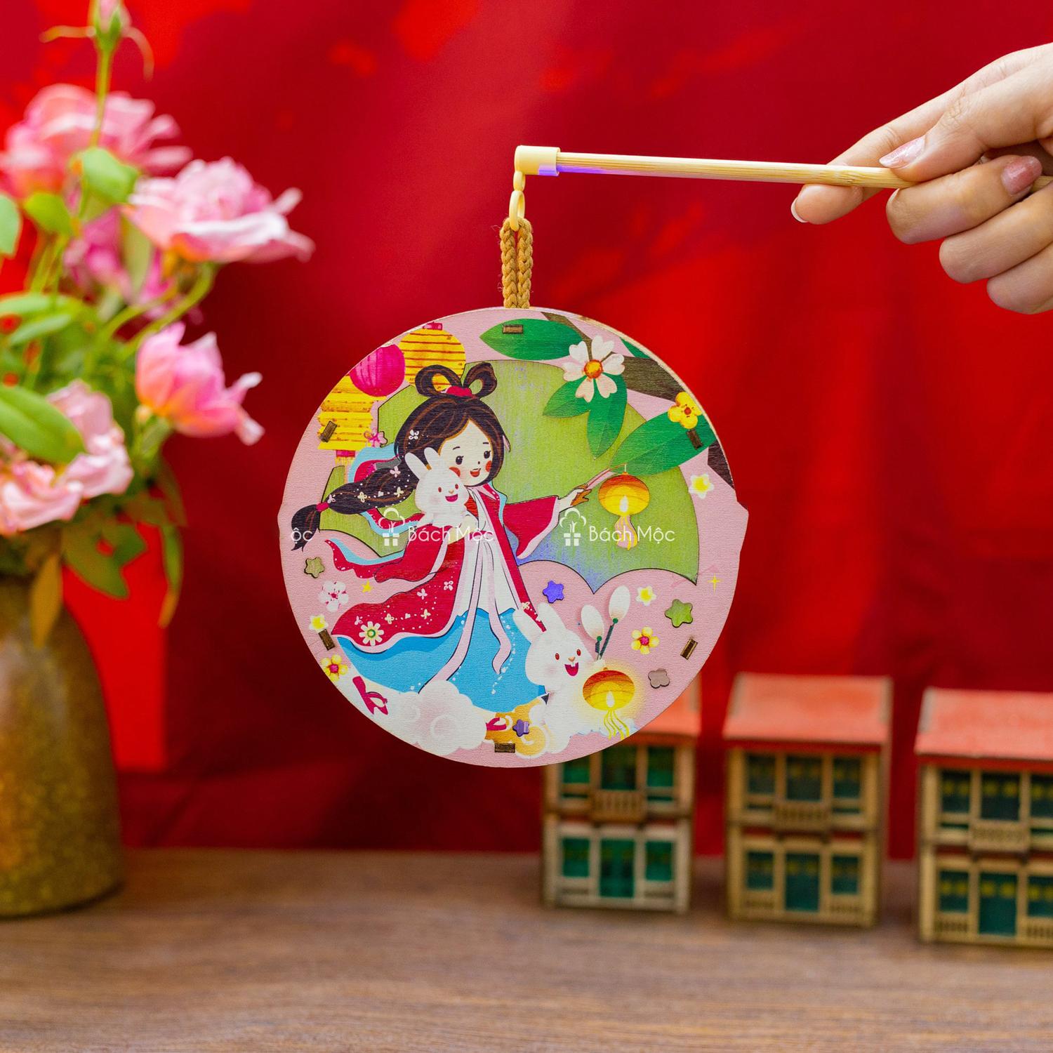 Lồng Đèn Trung Thu Gỗ 2 Mặt Màu - Bách Mộc - Chị Hằng