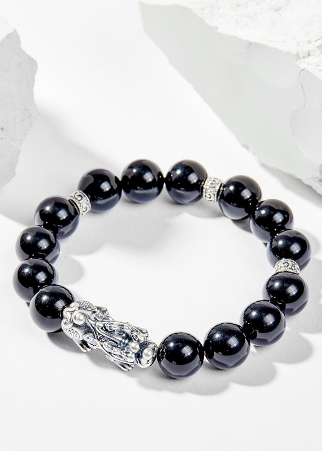 Vòng Tay Phong Thủy Đá Obsidian Phối Charm Tỳ Hưu Bạc  Mệnh Thủy, Mộc Ngọc Quý Gemstones