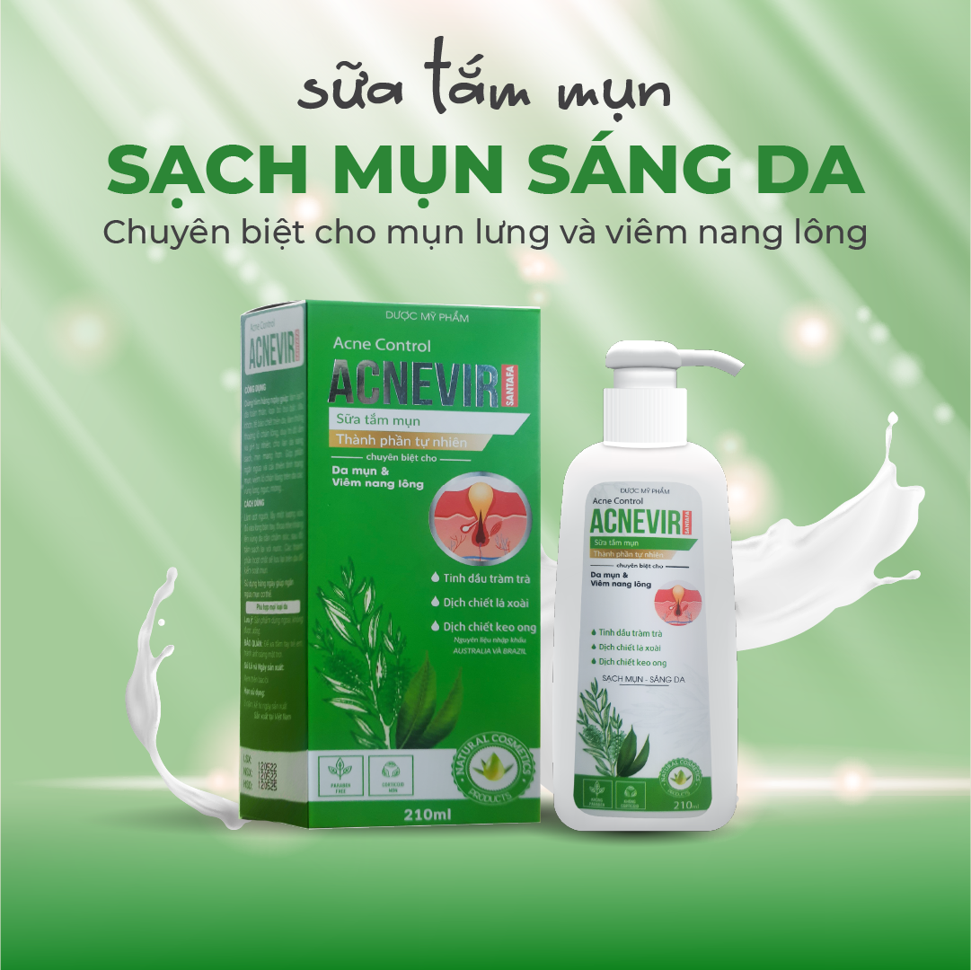 Sữa tắm mụn Acnevir Santafa - Làm sạch bụi bẩn, dầu nhờn trên da toàn thân, ngăn ngừa và cải thiện tình trạng mụn, viêm lỗ chân lông trên da - Chai 210ml