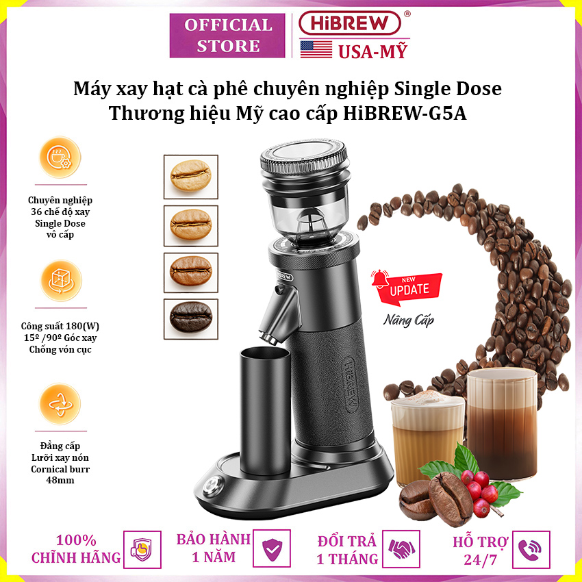 Máy xay cà phê Single Dose HiBREW G5 cao cấp, 36 cấp xay lưỡi cornical burr 48mm chuyên nghiệp, xay cafe siêu mịn - Hàng Nhập Khẩu