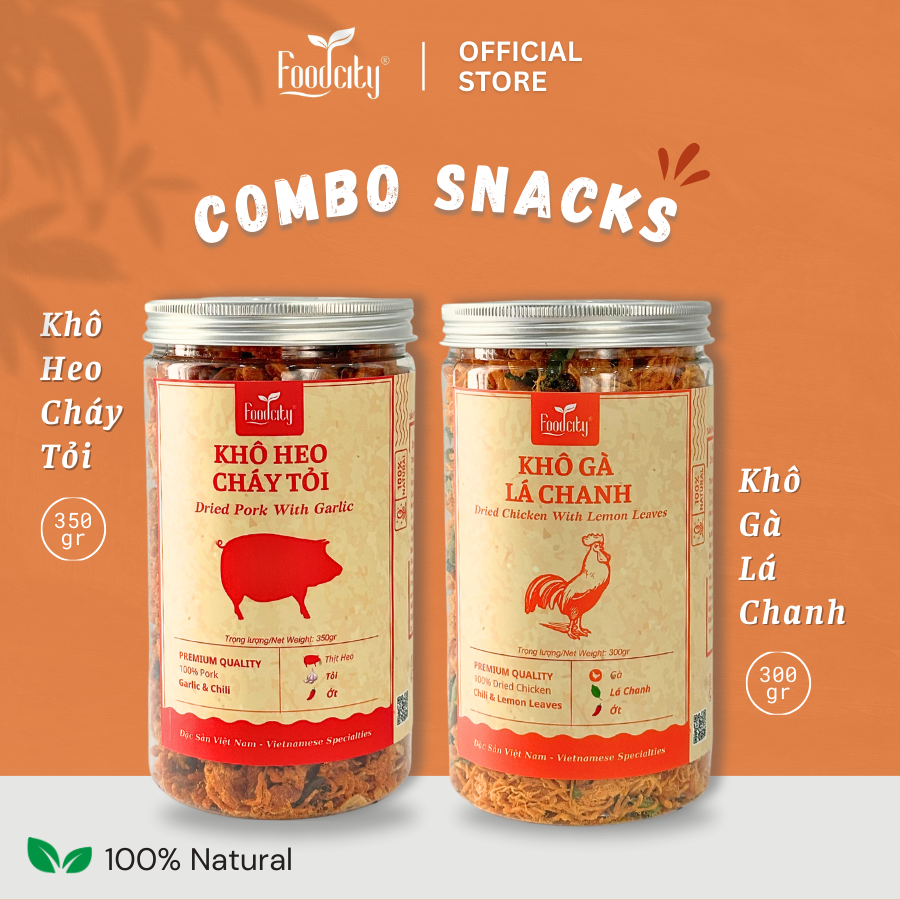 Combo nhâm nhi xuyên đêm với 2 hũ Khô gà lá chanh 300gr+ Khô heo cháy tỏi 350gr của nhà Food City