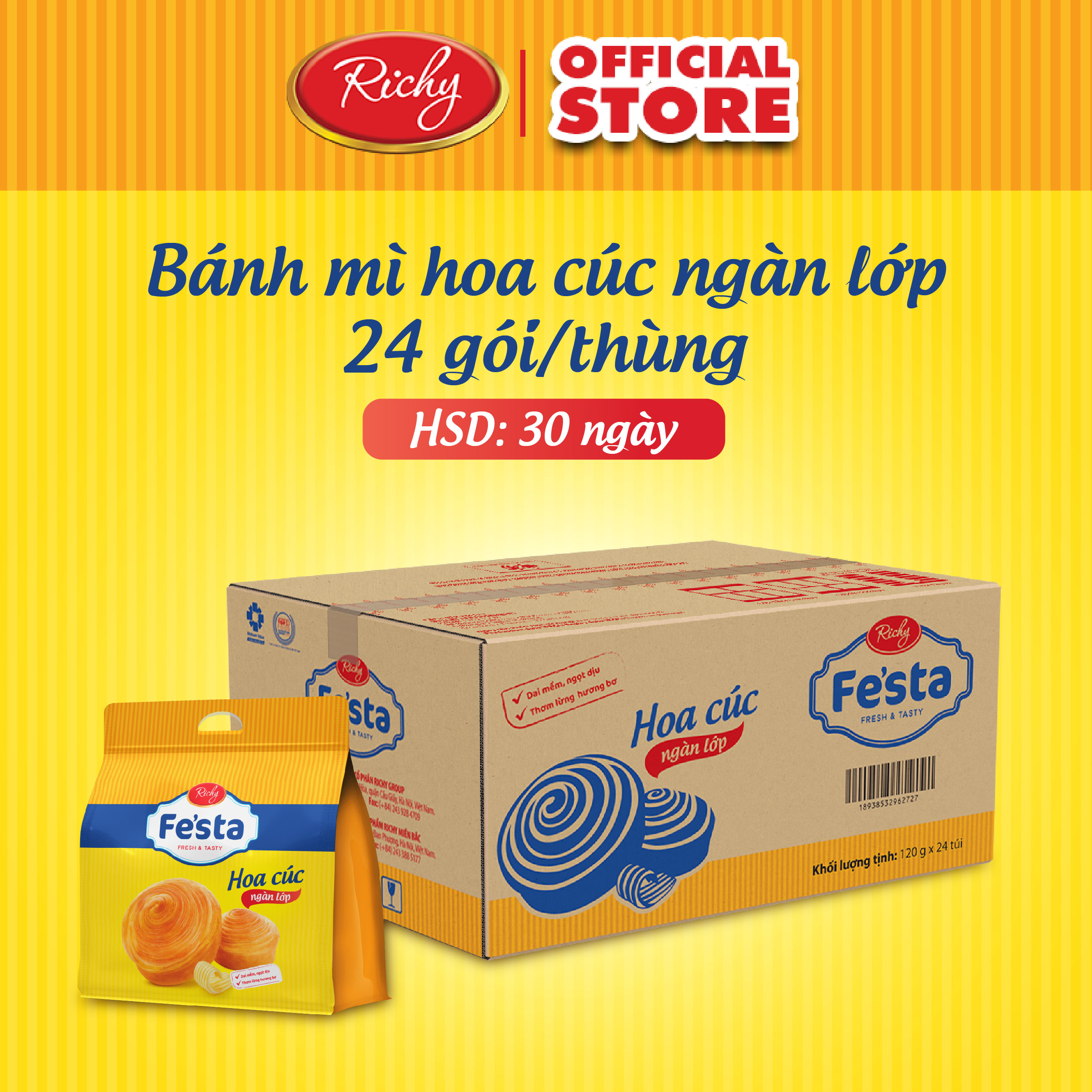 Thùng 24 túi bánh mì hoa cúc ngàn lớp Fe'star