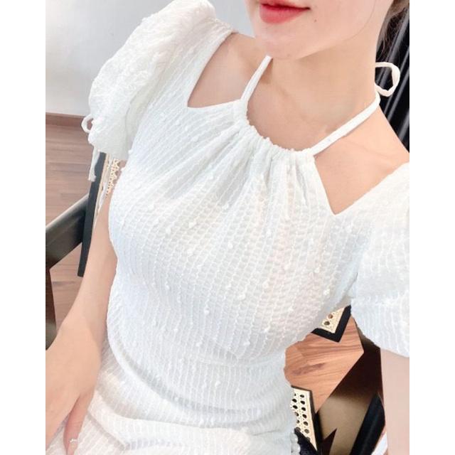 Đầm dự tiệc cổ yếm tay phồng dáng dài tay nơ Daily Dress