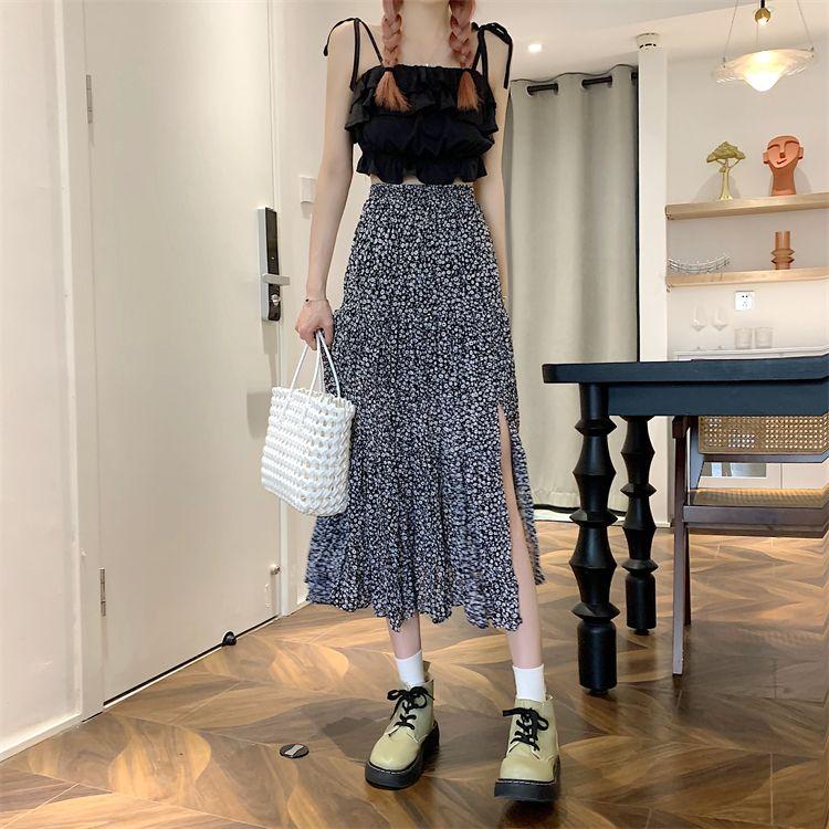 DONGSHOP Cao cấp hoa xẻ tà nửa người váy mùa xuân và mùa hè 2023 Vintage thả cảm thấy gầy váy xếp li một chữ dài váy