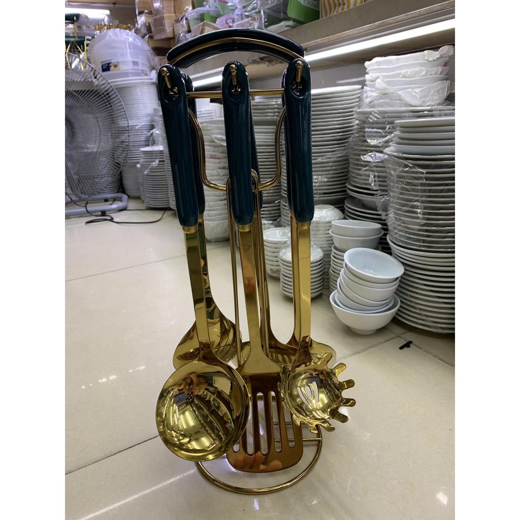 Bộ dụng cụ nấu ăn 6 món kèm giá treo màu xanh ngọc chất liệu inox cao cấp