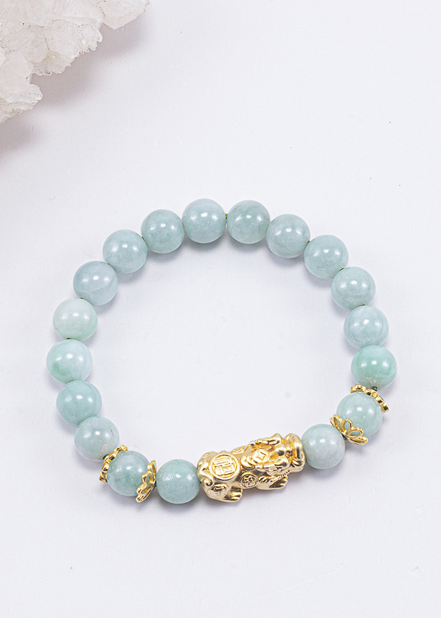 Vòng Tay Phong Thủy Nữ Đá Cẩm Thạch Phỉ Thúy Phối Charm Tỳ Hưu Mạ Vàng 24K Mệnh Mộc, Hỏa Ngọc Quý Gemstones