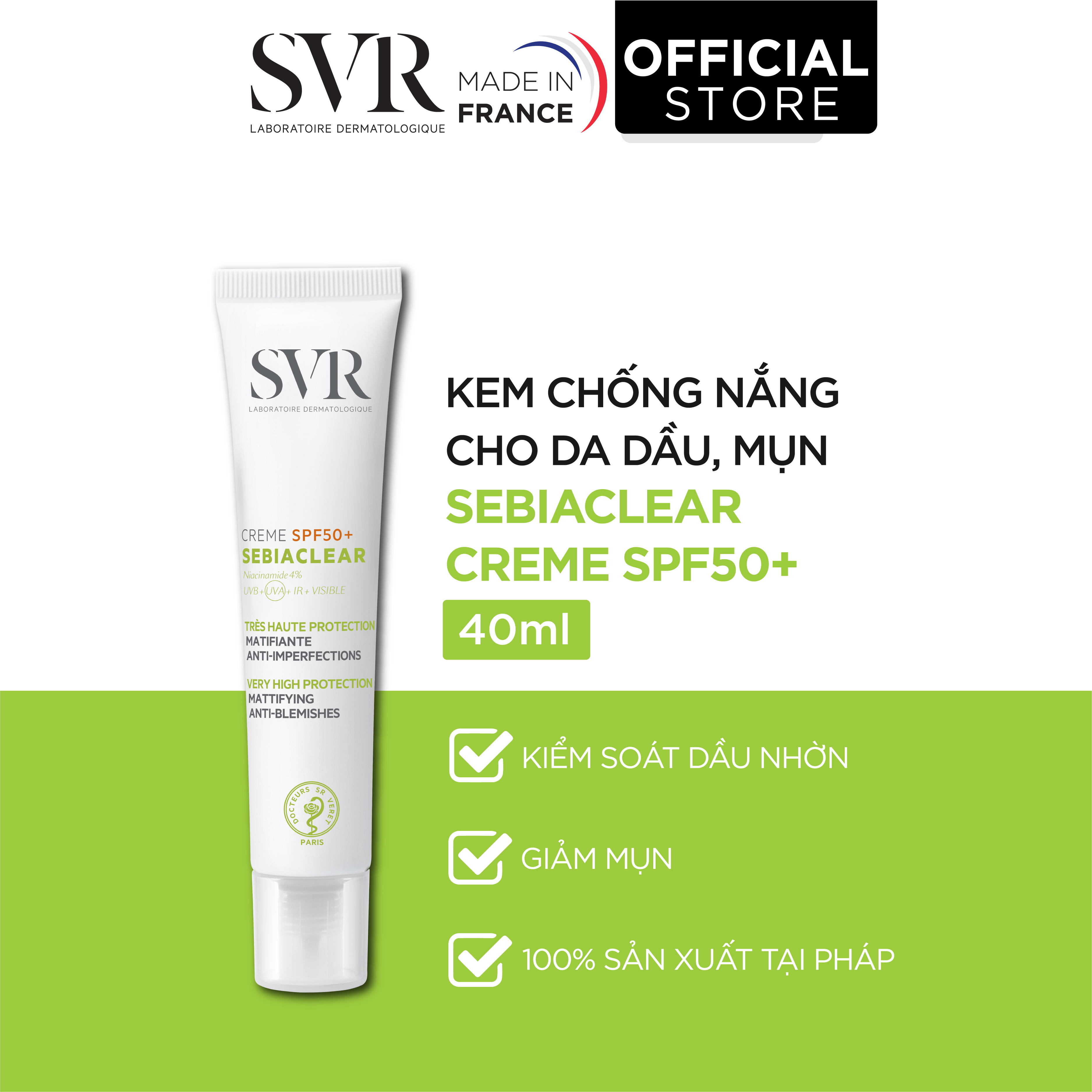 Kem làm giảm mụn và chống nắng SPF50 SVR Sebiaclear Creme SPF50 50ml (Nhập khẩu)