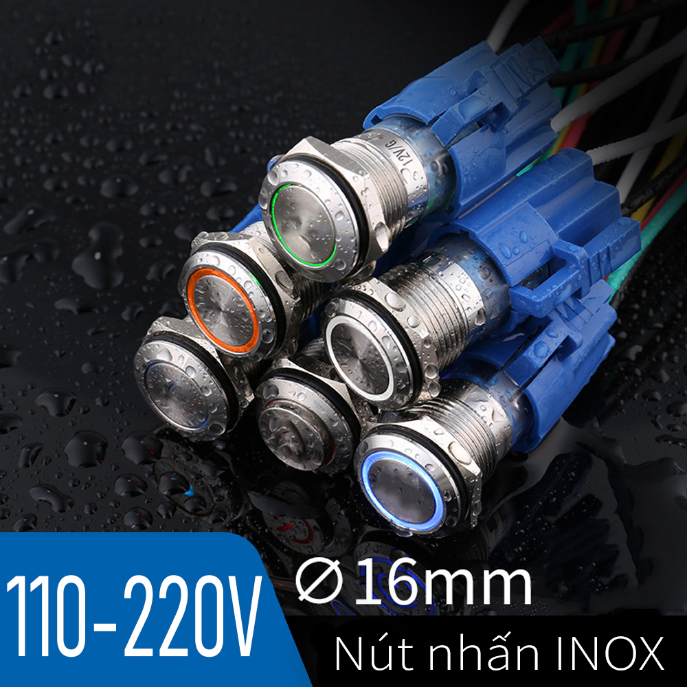 Nút công tắc nhấn nhả tự phục hồi có đèn LED 16mm 3-6V, 12-24V, 110-220V Thân vỏ Kim loại chống nước