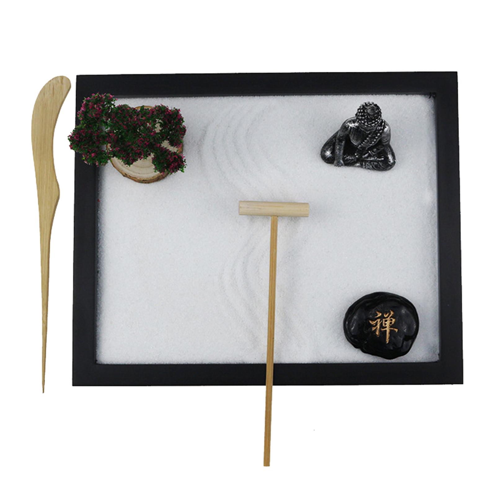 Mini Zen Garden Stone Rake Rocks Tree Buddha Statues Stress Relief Home